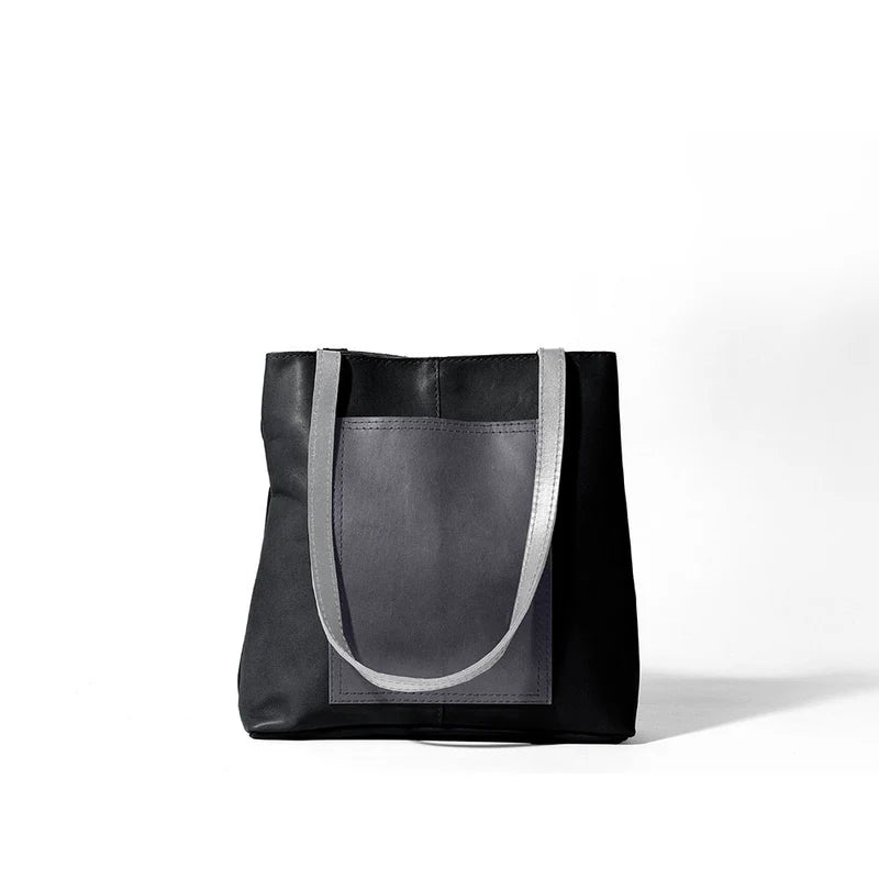 Black Leather Tote Bag with Contrast Light Grey Hand Straps for Minimalist Daily Matching