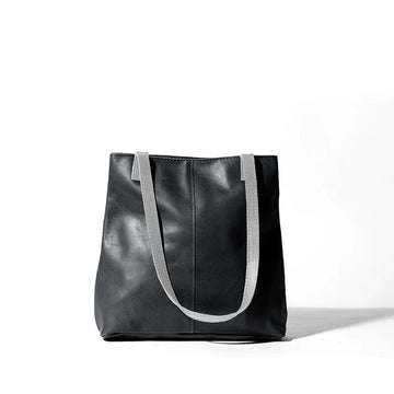 Black Leather Tote Bag with Contrast Light Grey Hand Straps for Minimalist Daily Matching