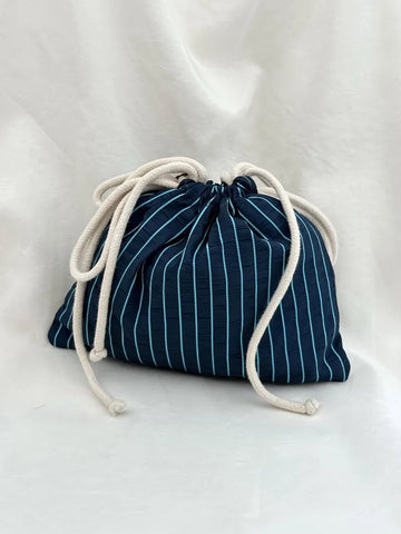 Navy Blue Pinstripe Drawstring Bag with Cotton Rope Cords for Travel & Daily Organizing