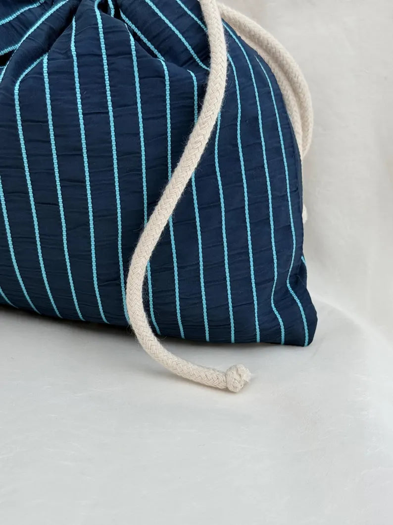 Navy Blue Pinstripe Drawstring Bag with Cotton Rope Cords for Travel & Daily Organizing
